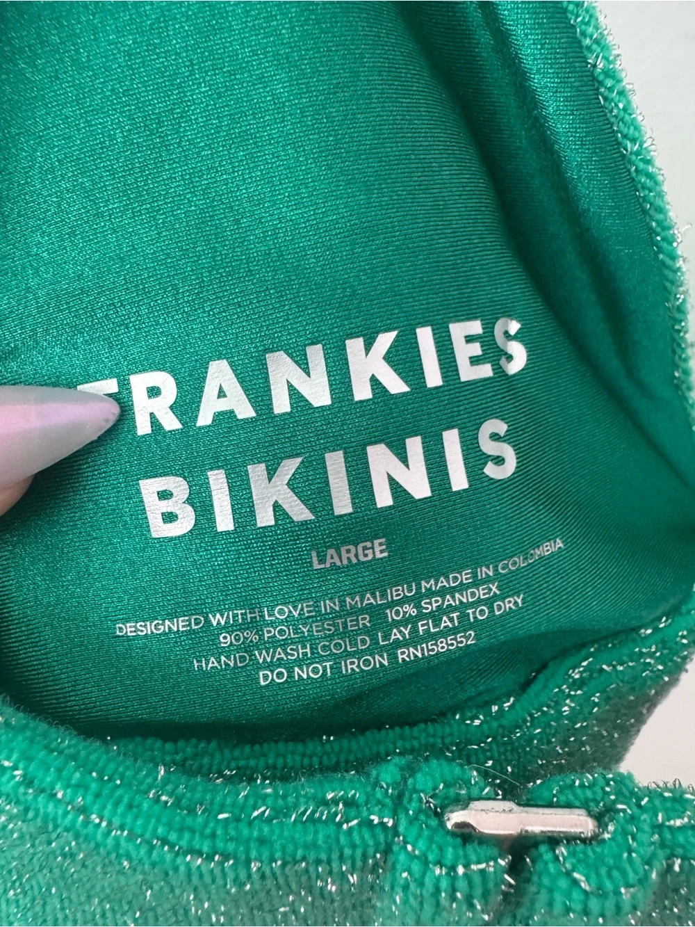 Frankie's Bikinis Green Terry Sparkle Triangle Bikini Top Large
